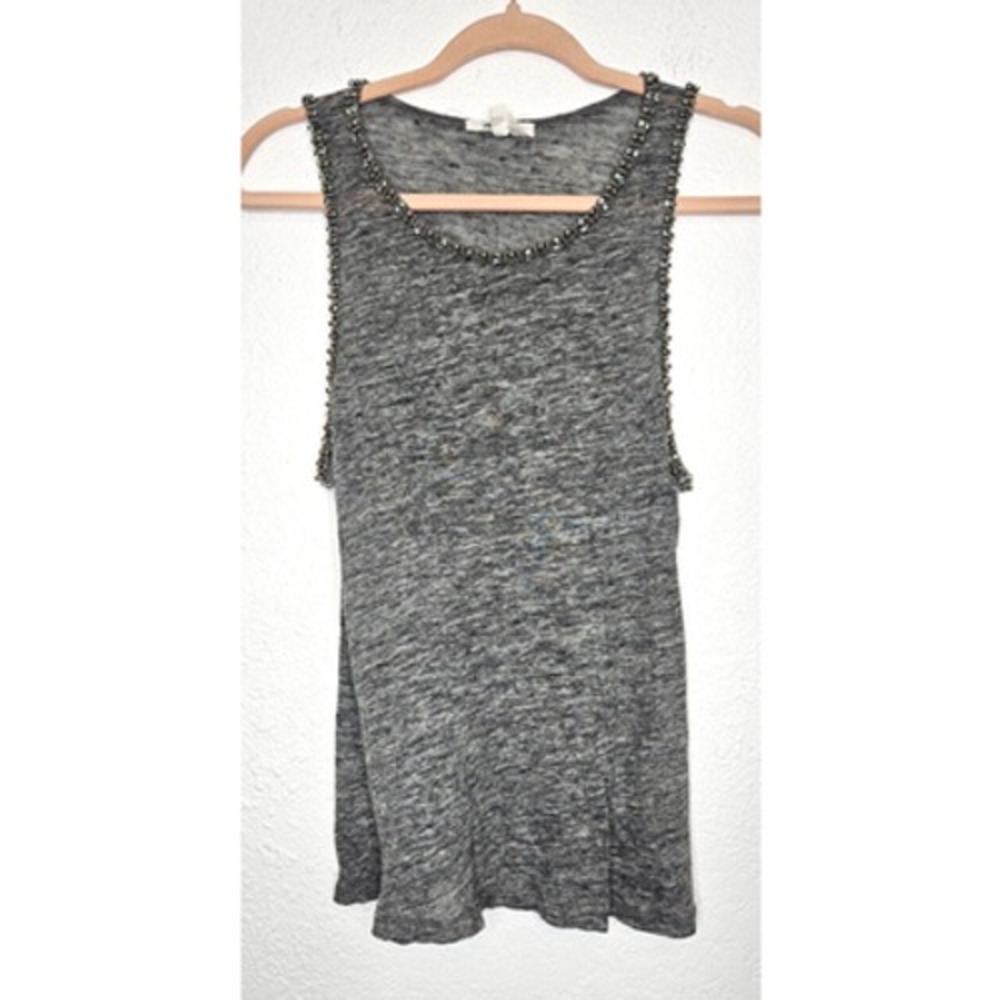 Womens Linen Sheer Lightweight Tank Top XS Gray Beaded Rhinestone Boho Flowy‎